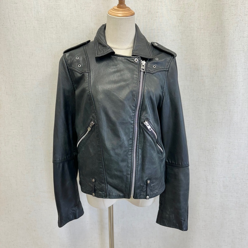 Mango Black Genuine Sheep Leather Moto Biker Jacket Womens Large Epaulettes